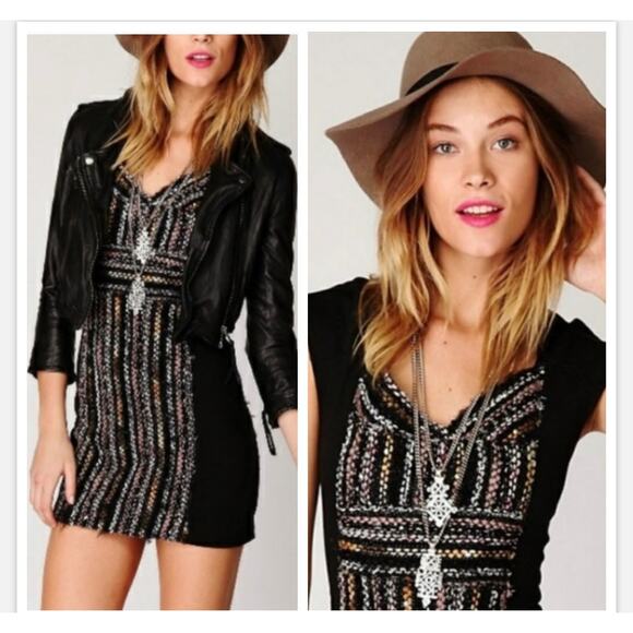 Free People Boucle Knit Bodycon Cap Sleeve Dress Little Black Dress LBD S Small - Picture 3 of 14